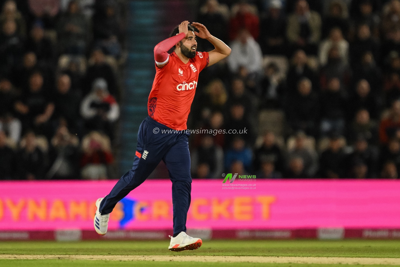 Saqib Mahmood of England reacts after a close call on a near hat-tick wickets during the First Vitality IT20 Series match England vs Australia at The Utilita Bowl, Southampton, United Kingdom, 11th September 2024

(Photo by Craig Thomas/News Images)