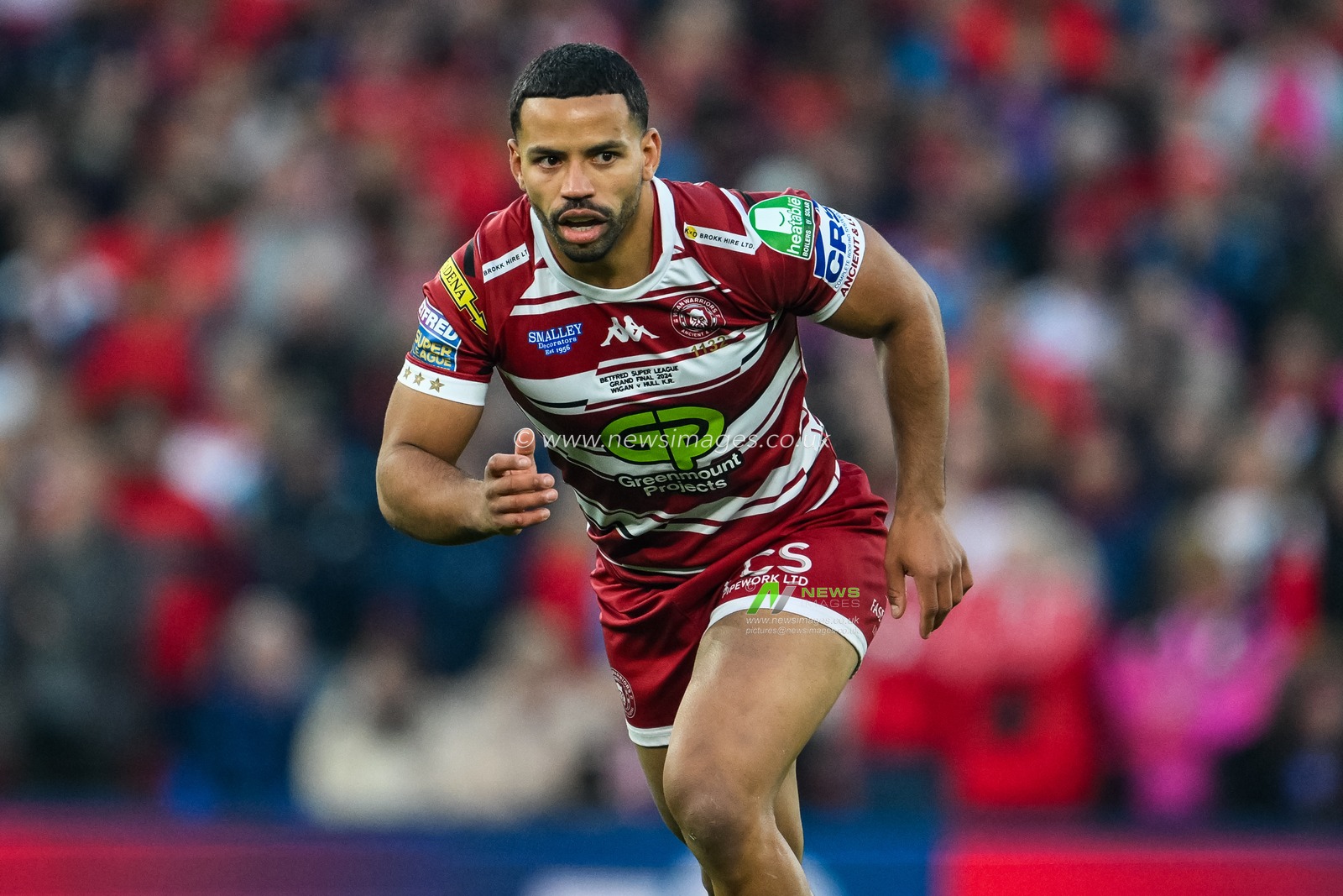 Kruise Leeming of Wigan Warriors in action during the Betfred Super League Grand Final match Wigan Warriors vs Hull KR at Old Trafford, Manchester, United Kingdom, 12th October 2024

(Photo by Craig Thomas/News Images)