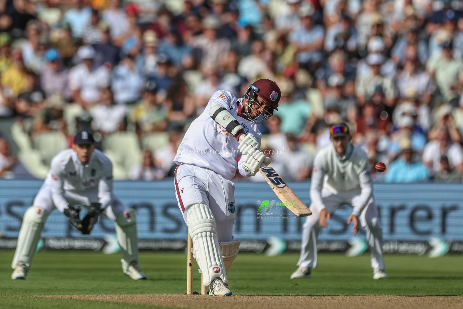Gudakesh Motie of West Indies hits a second four during the 3rd Rothesay Test Match Day One match England vs West Indies at Edgbaston, Birmingham, United Kingdom, 26th July 2024

(Photo by Mark Cosgrove/News Images)
