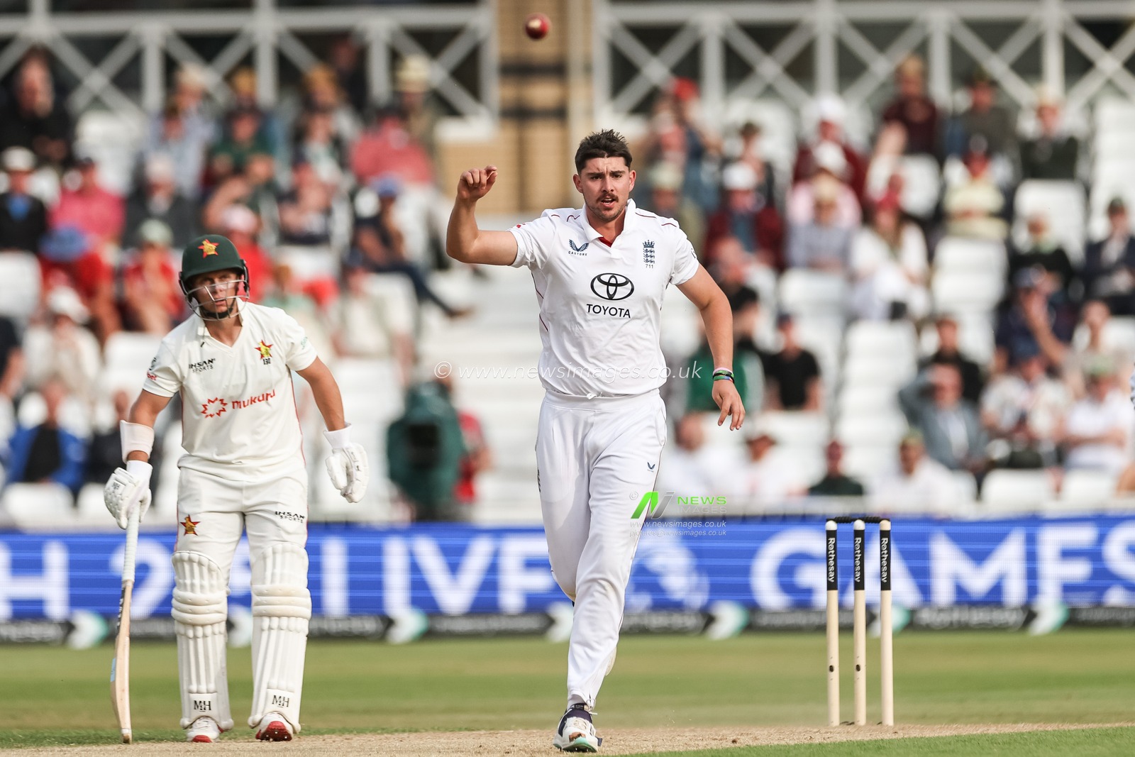 Josh Tongue of England celebrates the wicket of Zimbabwe captain Craig Ervine during the Rothesay Test Match Day 2 England vs Zimbabwe at Trent Bridge, Nottingham, United Kingdom, 23rd May 2025

(Photo by Mark Cosgrove/News Images)