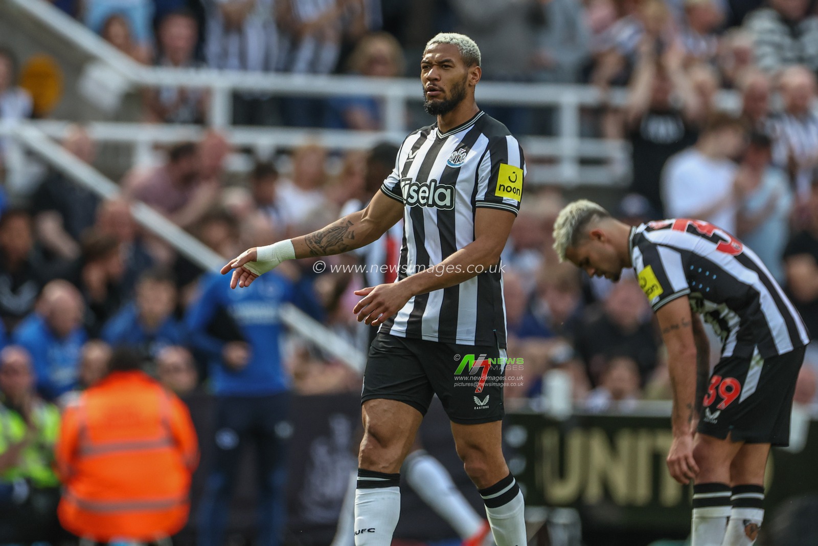 Joelinton of Newcastle United gives his team instructions during the Premier League match Newcastle United vs Brighton and Hove Albion at St. James's Park, Newcastle, United Kingdom, 11th May 2024

(Photo by Mark Cosgrove/News Images)