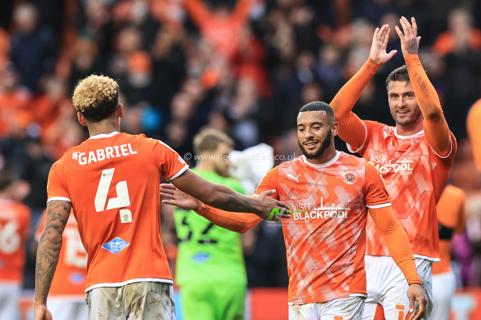 Jordan Gabriel #4 Of Blackpool and Keshi Anderson #10 of Blackpool celebrate Blackpoolâ€™s 2-0 win over Preston