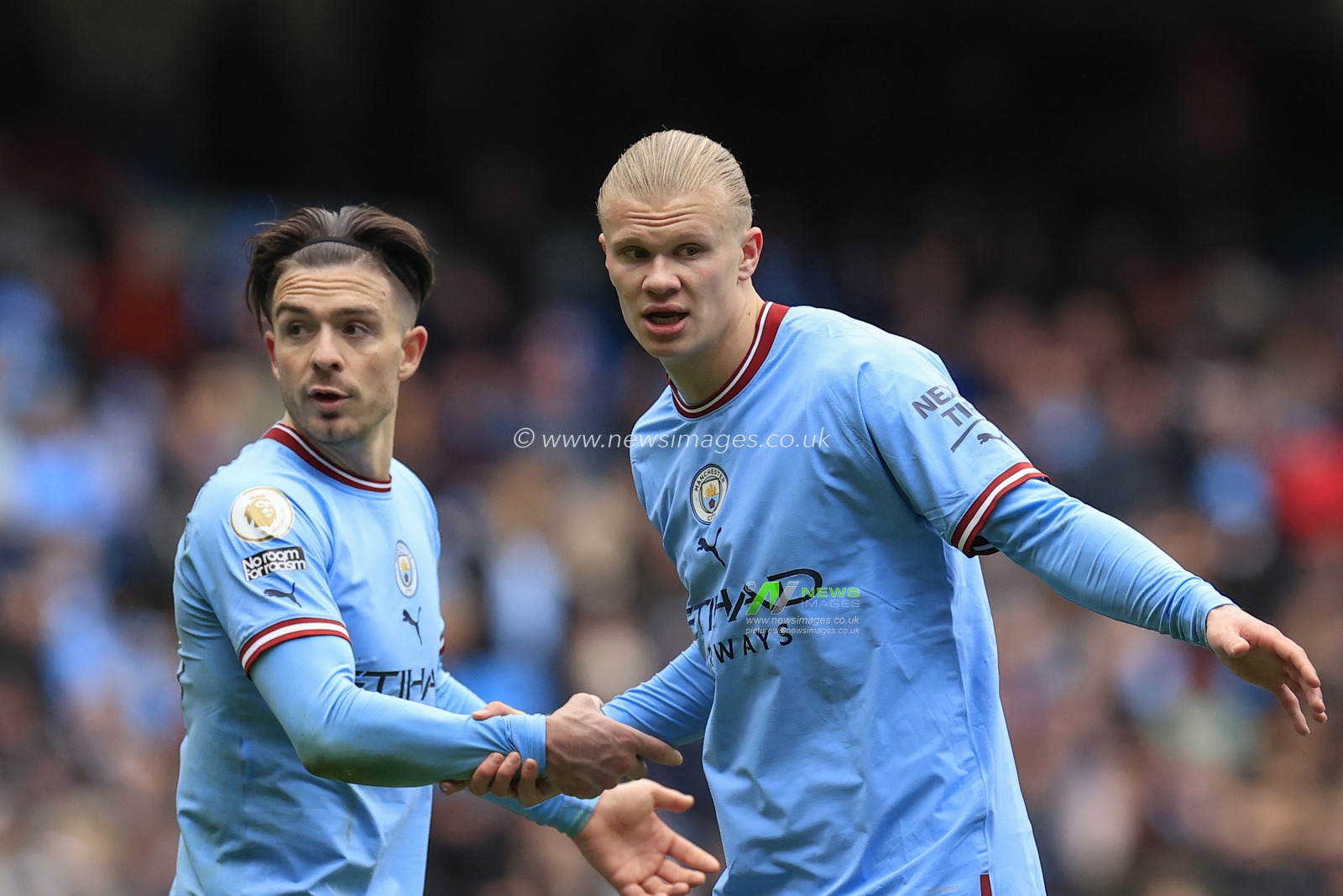 Erling Haaland #9 and Jack Grealish #10 of Manchester City during the Premier League match Manchester City vs Newcastle United at Etihad Stadium, Manchester, United Kingdom, 4th March 2023

(Photo by Conor Molloy/News Images)