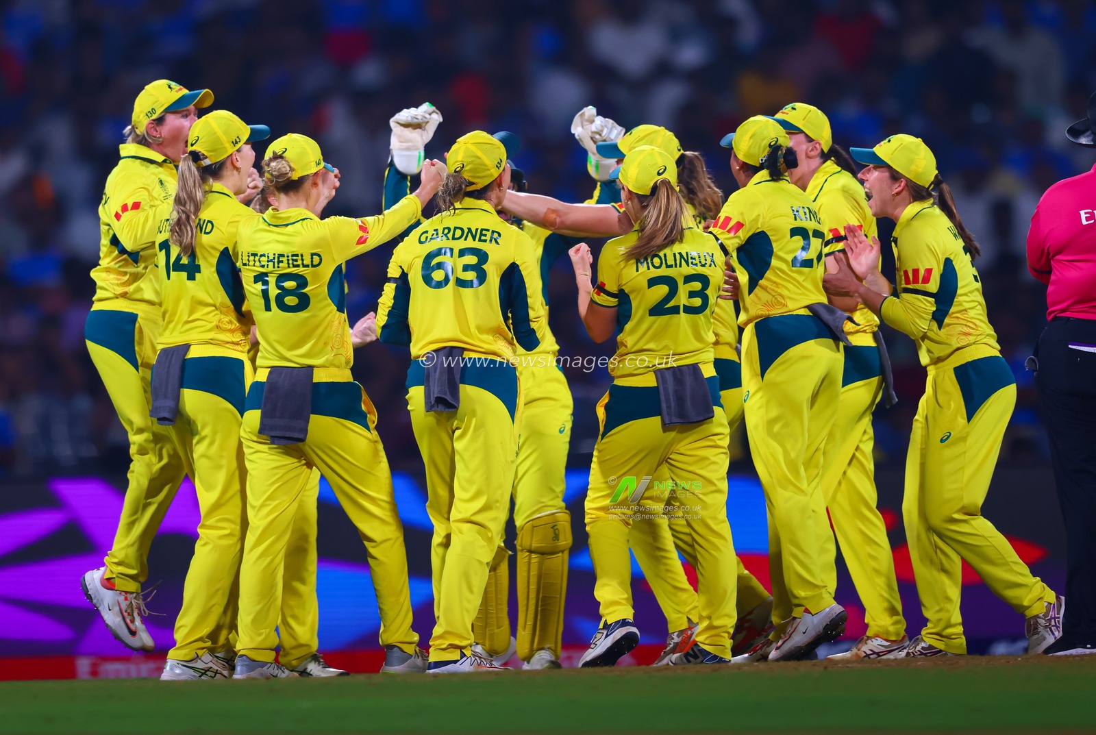 Team Australia womens celebrates wicket of Smriti Mandhana  of India bowler Kim Garth of Australia LBW during the ICC Women's ODI Cricket World Cup Semi Final match India vs Australia at Dr. D.Y. Patil Sports Academy, Navi Mumbai, India, 30th October 2025

(Photo by Shubhajit Roy Karmakar/News Images)