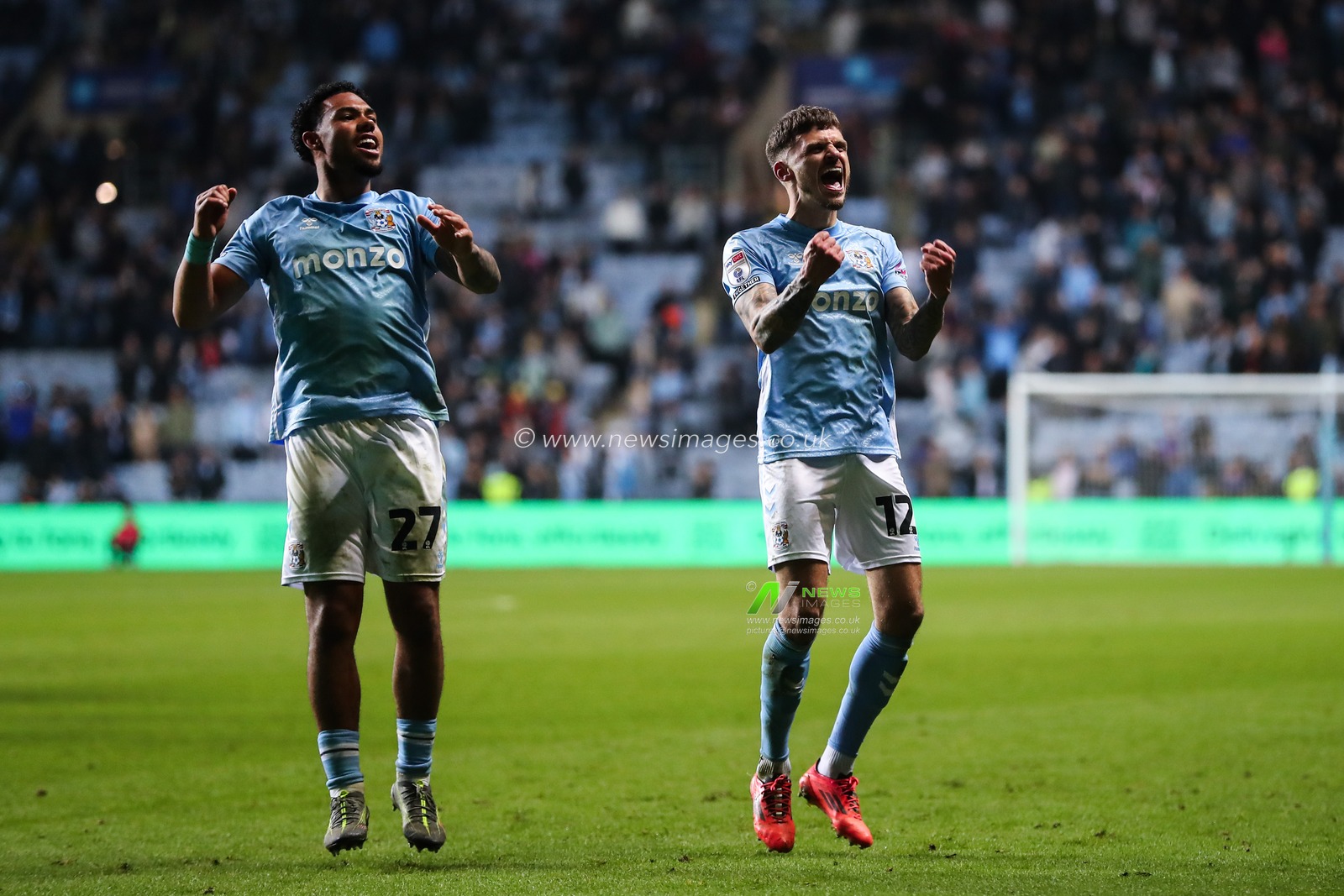 Milan van Ewijk of Coventry City and Jamie Paterson of Coventry City celebrate their teams win after the Sky Bet Championship match Coventry City vs Portsmouth at Coventry Building Society Arena, Coventry, United Kingdom, 9th April 2025

(Photo by Gareth Evans/News Images)