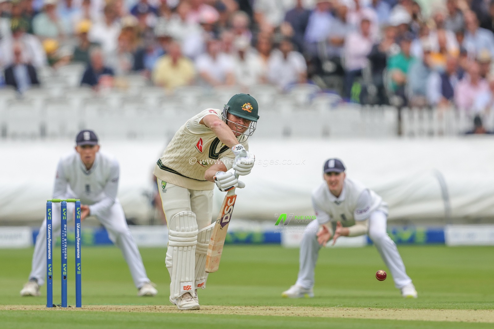David Warner of Australia plays a safety shot during the LV= Insurance Ashes Test Series Second Test Day 1 England v Australia at Lords, London, United Kingdom, 28th June 2023

(Photo by Mark Cosgrove/News Images)