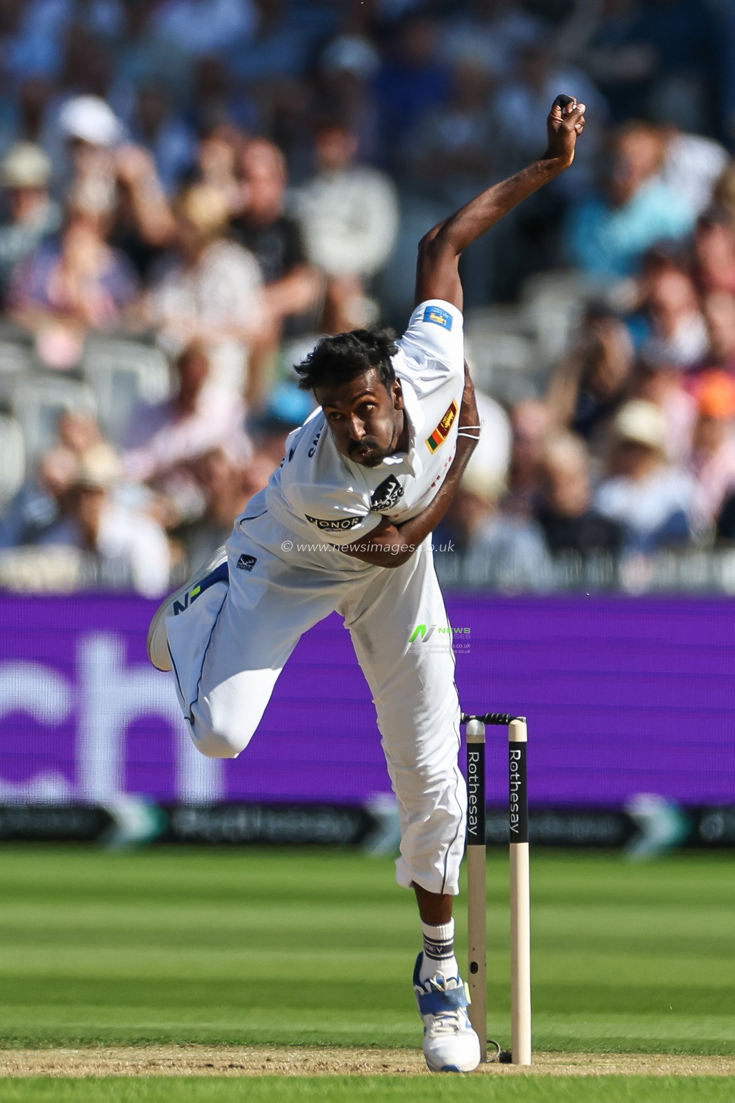 Milan Rathnayake of Sri Lanka delivers the ball during the England Men v Sri Lanka 2nd Rothesay Test Match Day 1 at Lords, London, United Kingdom, 29th August 2024

(Photo by Mark Cosgrove/News Images)