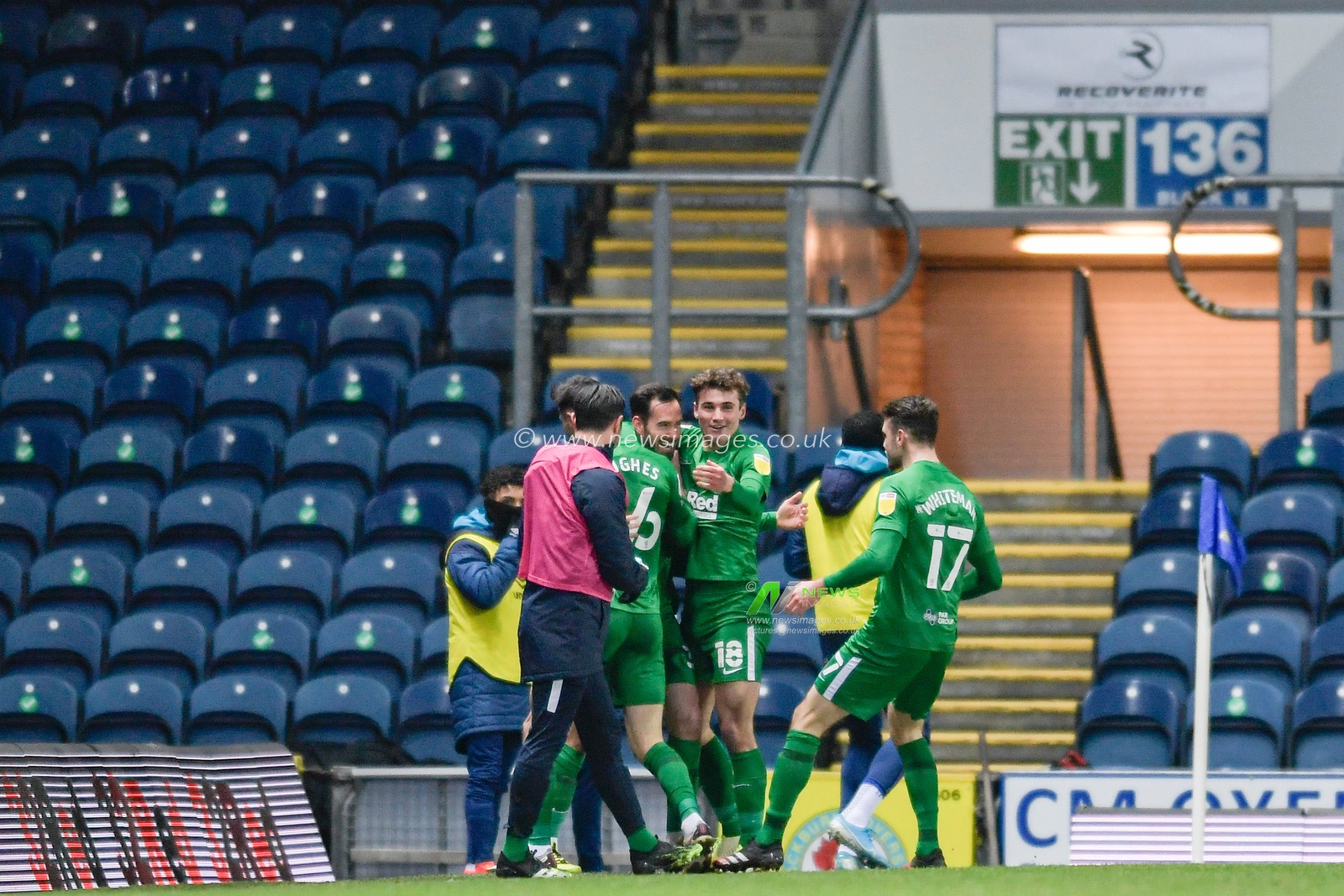 Greg Cunningham #37 of Preston North End celebrates scoring a goal with his team mates to make it 0-1