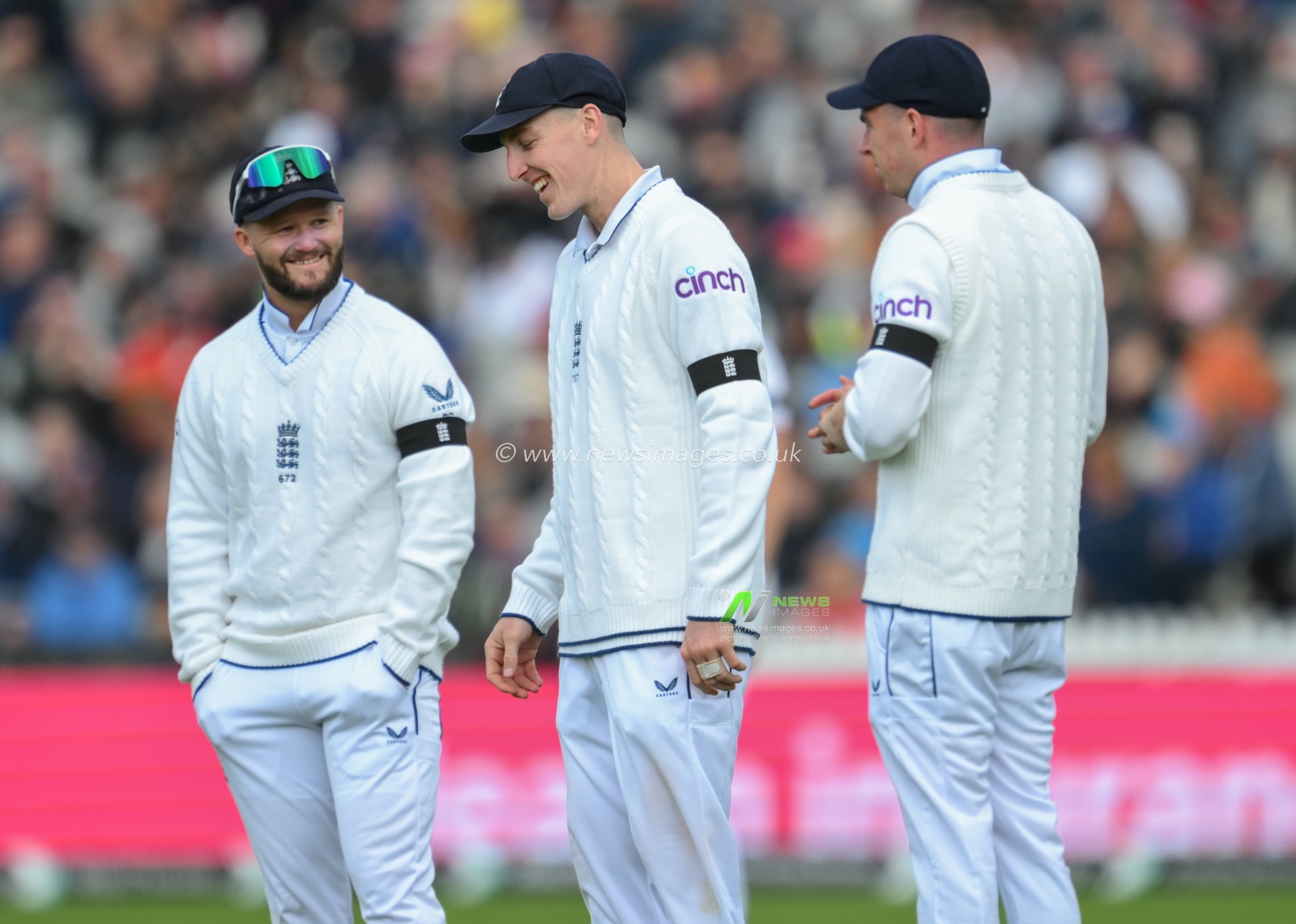Ben Duckett of England and Harry Brook of England share a joke during the England Men v Sri Lanka 1st Rothesay Test Match Day 3 at Old Trafford, Manchester, United Kingdom, 23rd August 2024

(Photo by Craig Thomas/News Images)