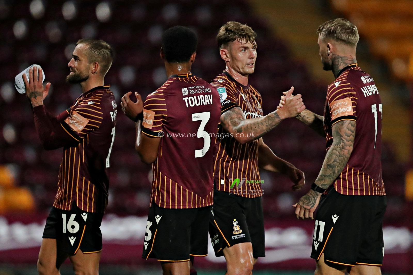 Max Power of Bradford City and Steven Humprhys of Bradford City celebrate after The Vertu Trophy match Bradford City vs Grimsby Town at University of Bradford Stadium, Bradford, United Kingdom, 2nd September 2025(Photo by Sam Eaden/News Images)