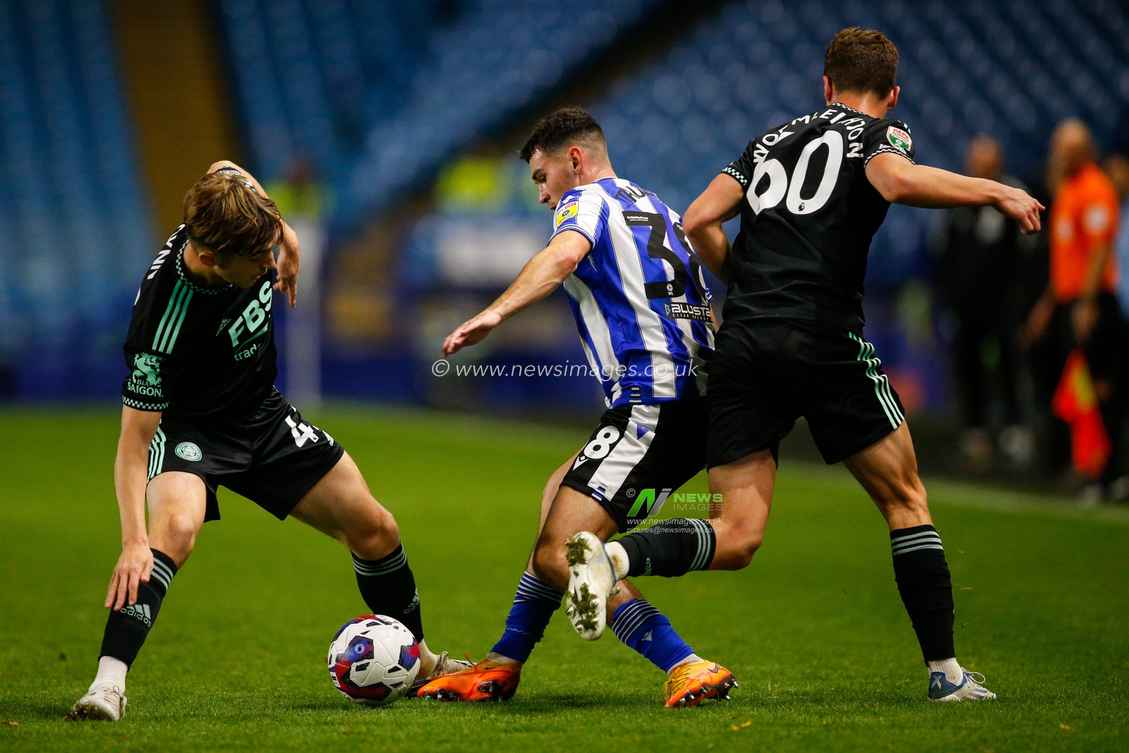 Will Trueman #38 of Sheffield Wednesday, Shane Flynn #43 of Leicester City and Joe Wormleighton #60 of Leicester City during the Papa John's Trophy match Sheffield Wednesday vs Leicester City U21 at Hillsborough, Sheffield, United Kingdom, 18th October 2022

(Photo by Ben Early/News Images)
