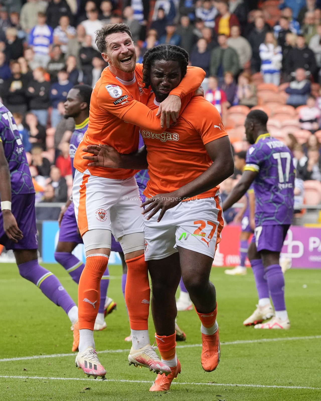 James Husband #3 of Blackpool celebrates with goalscorer Kylian Kouassi #27 of Blackpool during the Sky Bet League 1 match Blackpool vs Reading at Bloomfield Road, Blackpool, United Kingdom, 23rd September 2023

(Photo by Steve Flynn/News Images)