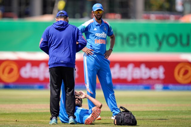Gurnoor Brar of India clutches his leg with a potential injury and receives treatment during the 1st Metro Bank ODI match England vs India at Edgbaston, Birmingham, United Kingdom on 14 July 2026

(Photo by Maynard Manyowa/News Images)