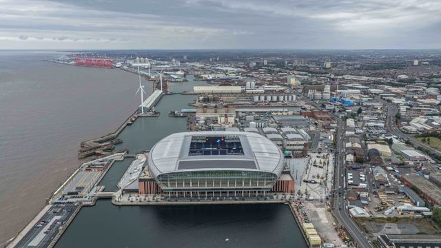 An aerial view of The Hill Dickinson Stadium during the Pre-season friendly match Everton vs A.S. Roma at Hill Dickinson Stadium, Liverpool, United Kingdom, 9th August 2025

(Photo by Mark Cosgrove/News Images)