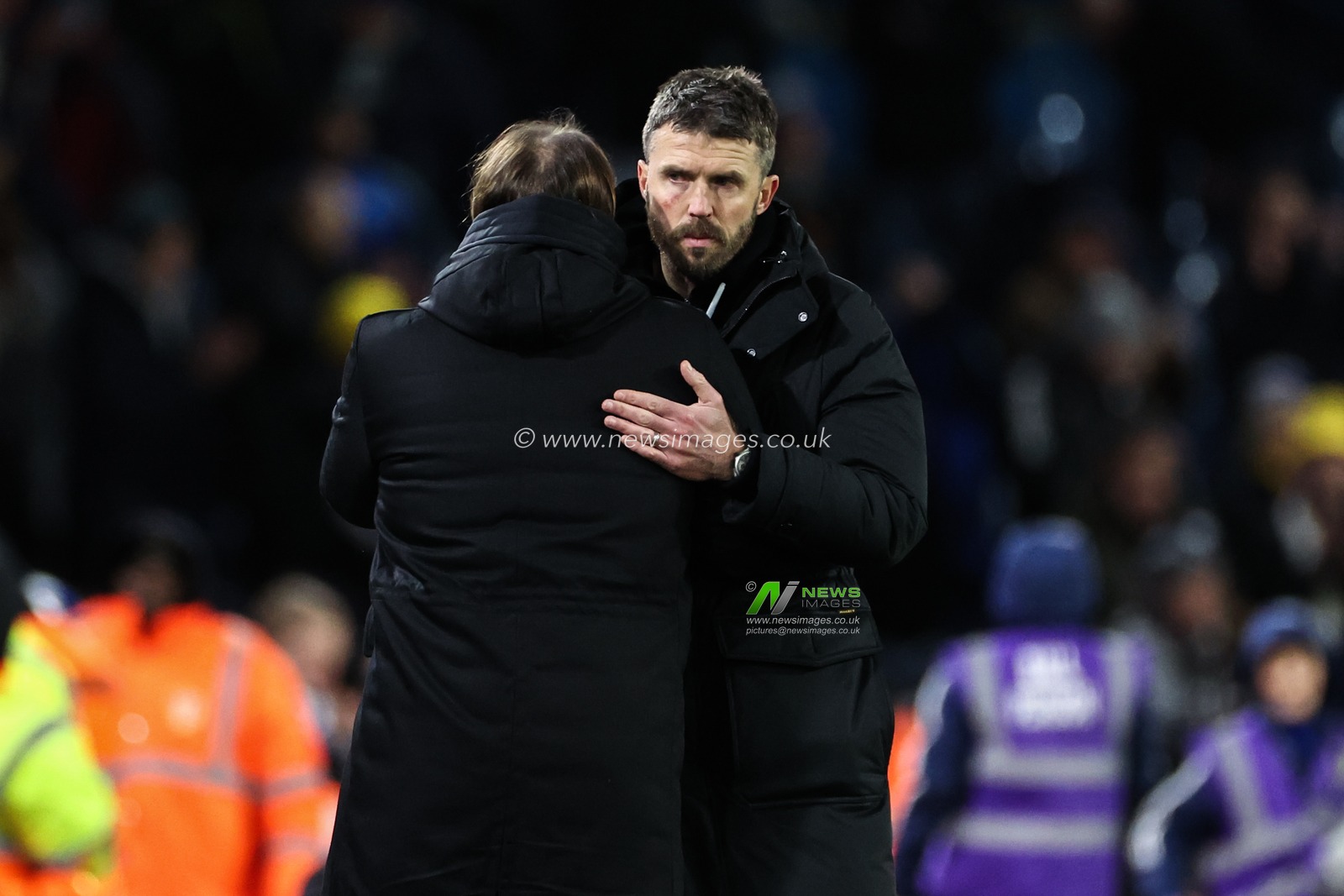 Daniel Farke manager of Leeds United and Michael Carrick manager of Middlesbrough embrace after the Sky Bet Championship match Leeds United vs Middlesbrough at Elland Road, Leeds, United Kingdom, 10th December 2024

(Photo by Mark Cosgrove/News Images)