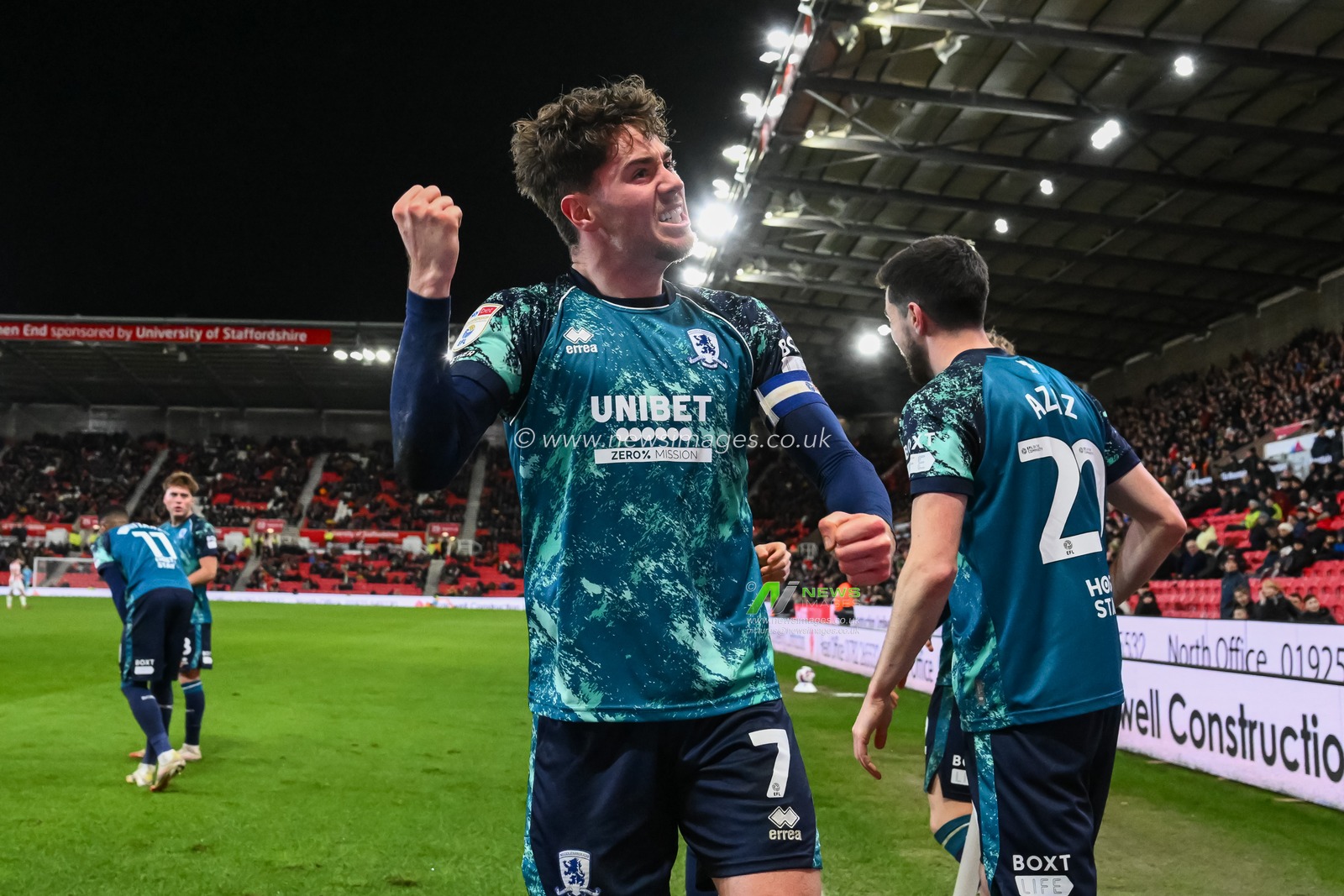 Hayden Hackney of Middlesbrough celebrates his sides goal to make it 1-2 during the Sky Bet Championship match Stoke City vs Middlesbrough at Bet365 Stadium, Stoke-on-Trent, United Kingdom, 25th February 2025

(Photo by Craig Thomas/News Images)