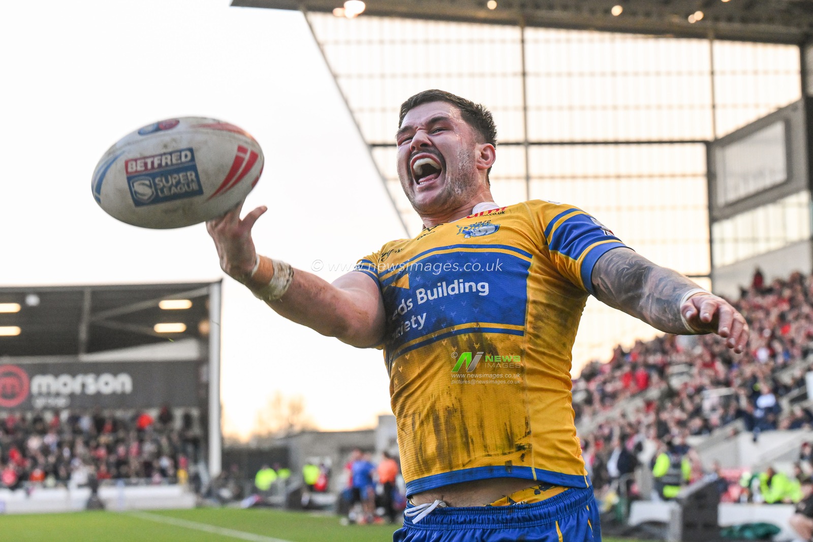 James Bentley of Leeds Rhinos celebrates his try during the Betfred Super League match Round 2 Salford Red Devils vs Leeds Rhinos at Salford Community Stadium, Eccles, United Kingdom, 22nd February 2025

(Photo by Craig Thomas/News Images)