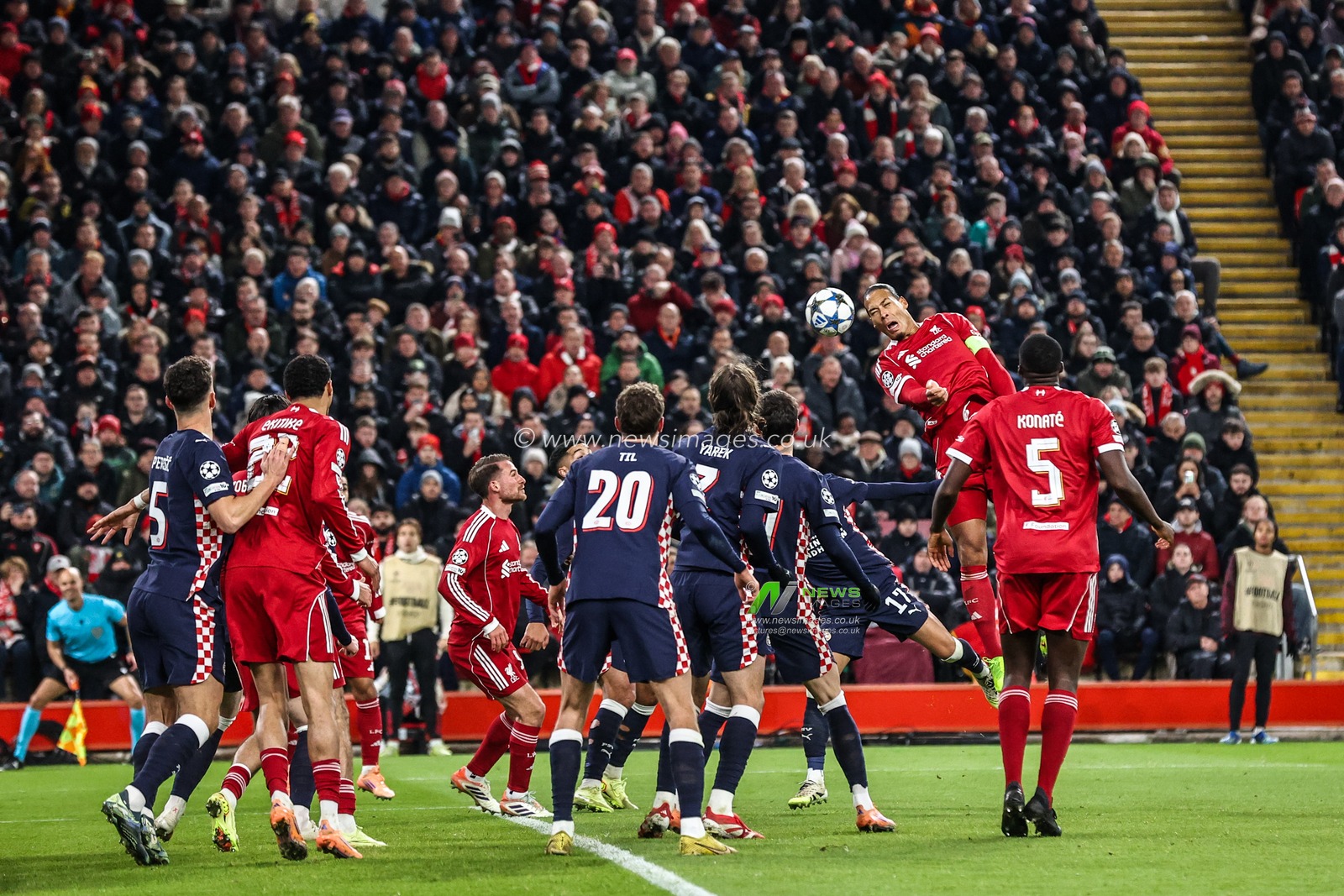 Virgil van Dijk of Liverpool heads wide of goal during the UEFA Champions League Matchday 5 of 8 Liverpool vs PSV Eindhoven at Anfield, Liverpool, United Kingdom, 26th November 2025

(Photo by Alfie Cosgrove/News Images)

*** GER AUT SUI OUT ***