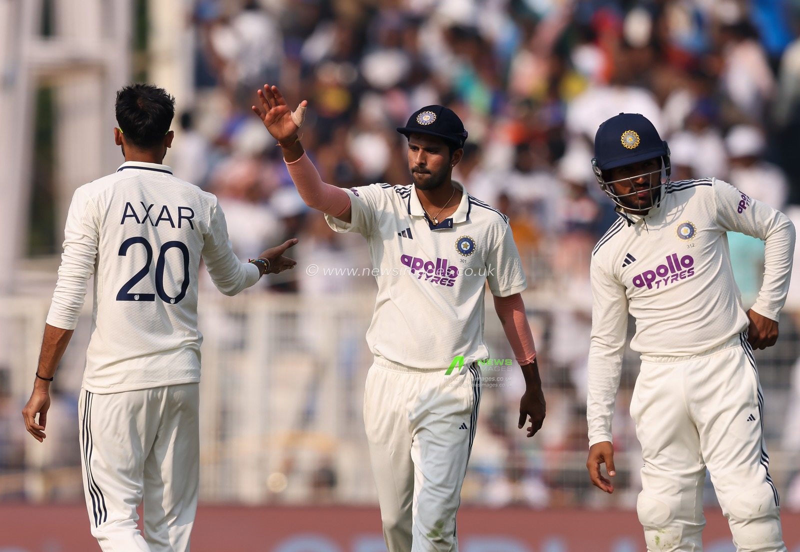 Axar Patel of India takes wicket of Corbin Bosch Of South Africa and celebrates with Dhruv Jurel of India  during the IDFC First Bank Test match day 1 India vs South Africa at Eden Gardens, Kolkata, India, 14th November 2025

(Photo by Shubhajit Roy Karmakar/News Images)