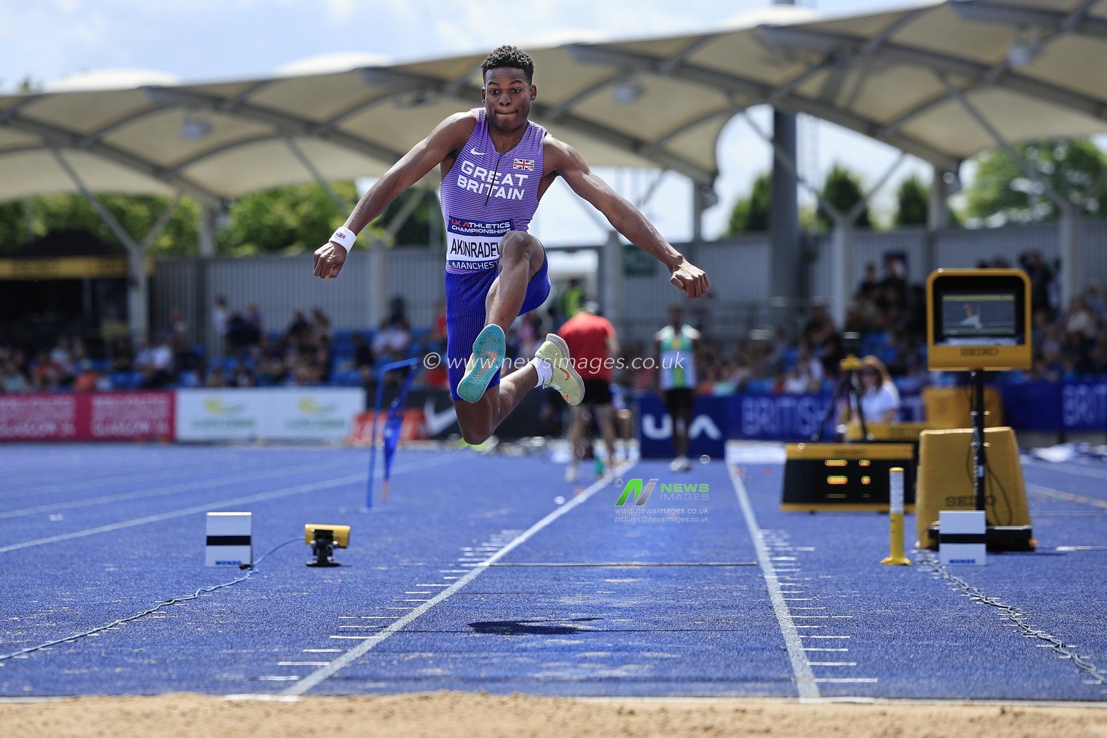Daniel Akinradewo competes in the long jump during the UK Athletics Championships at Manchester Regional Arena, Manchester, United Kingdom, 9th July 2023

(Photo by Conor Molloy/News Images)