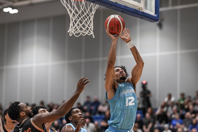 Josh Steel of Surrey Scorchers shoots a two pointer during the British Basketball Championship match Cheshire Phoenix vs Surrey Scorchers at Ellesmere Port Sports Village, Ellesmere Port, United Kingdom, 19th November 2023

(Photo by Craig Thomas/News Images)