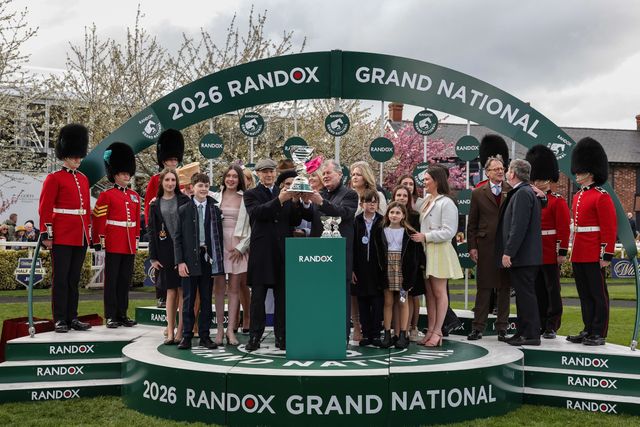 JP McManus receives the Grand National Trophy for the second time after I Am Maximus wins the 16:00 Randox Grand National Handicap Chase during the 2026 Randox Grand National Day at Aintree Racecourse, Aintree, United Kingdom on 11 April 2026

(Photo by Mark Cosgrove/News Images)