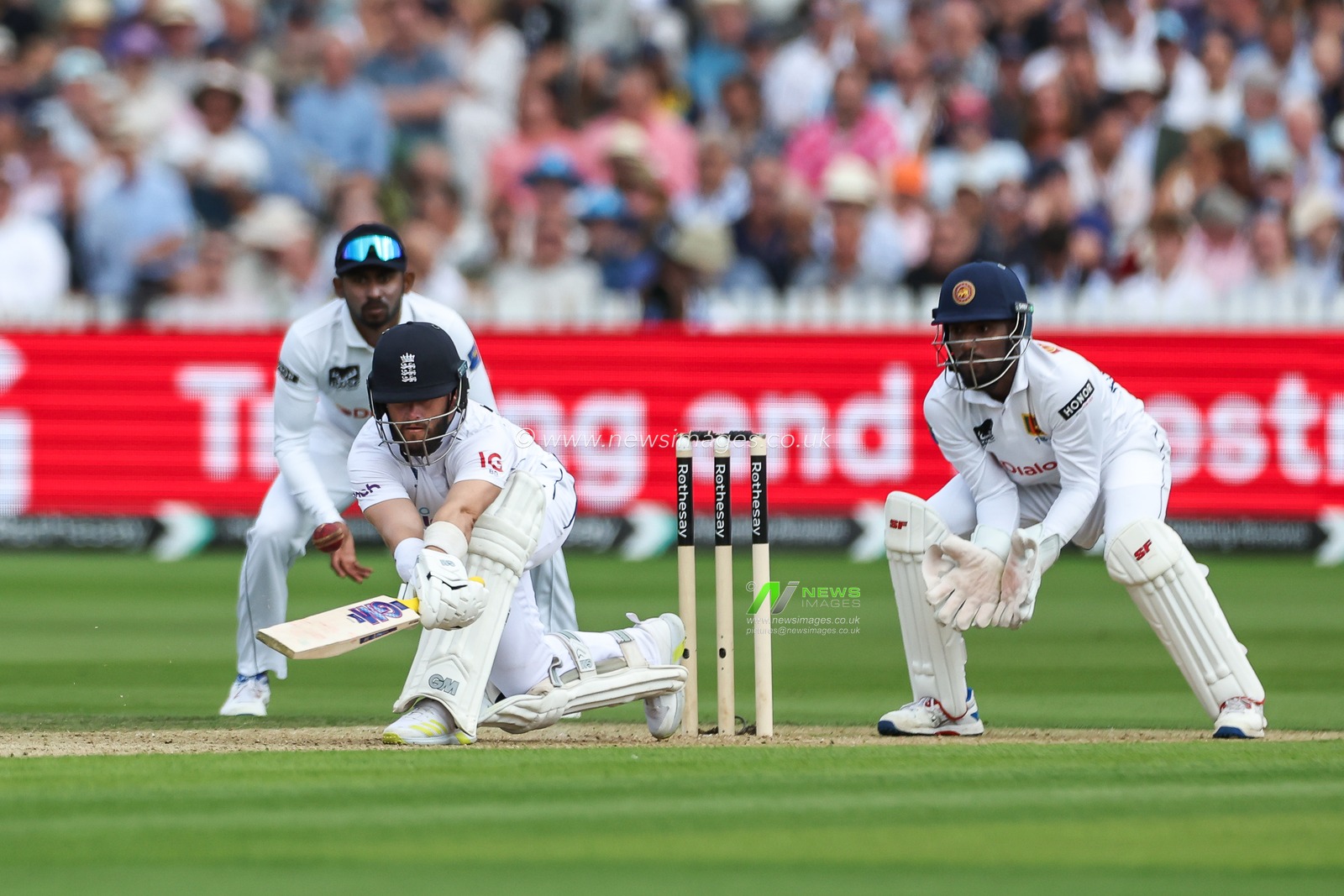 Ben Duckett of England reverse sweeps the ball but is caught by Lahiru Kumara of Sri Lanka off the bowling of Prabath Jayasuriya of Sri Lanka during the England Men v Sri Lanka 2nd Rothesay Test Match Day 1 at Lords, London, United Kingdom, 29th August 2024

(Photo by Mark Cosgrove/News Images)