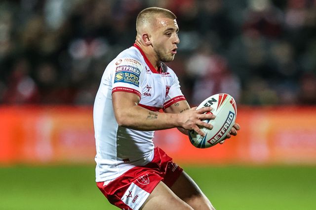 Mikey Lewis of Hull KR breaks with the ball during the Betfred Super League round 6 match Hull KR vs St Helens at Sewell Group Craven Park, Hull, United Kingdom on 27 March 2026

(Photo by Alfie Cosgrove/News Images)