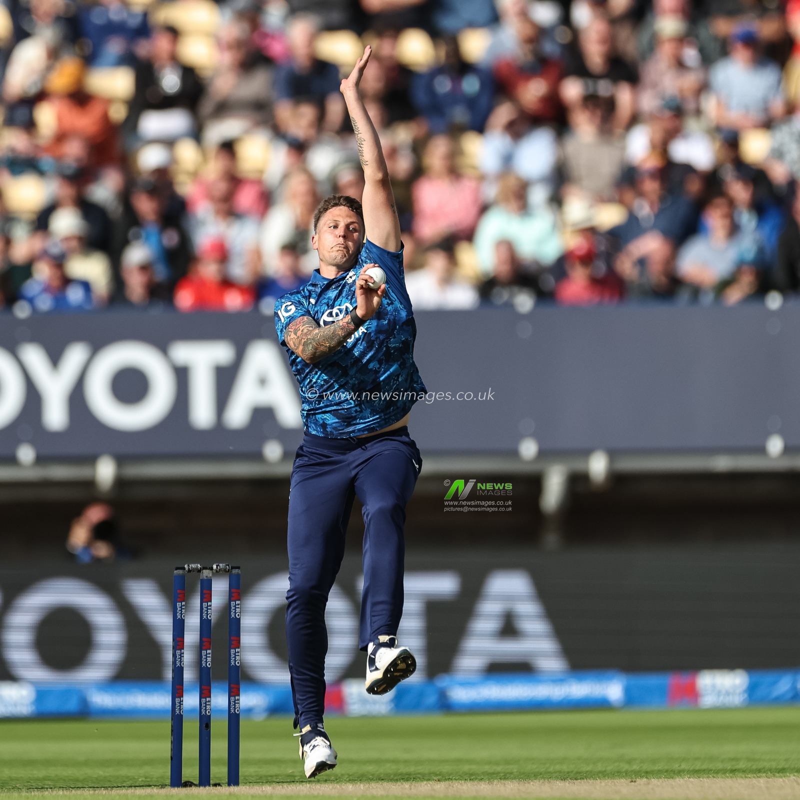 Brydon Carse of England delivers the ball during the 1st Metro Bank ODI England vs West Indies at Edgbaston, Birmingham, United Kingdom, 29th May 2025

(Photo by Mark Cosgrove/News Images)
