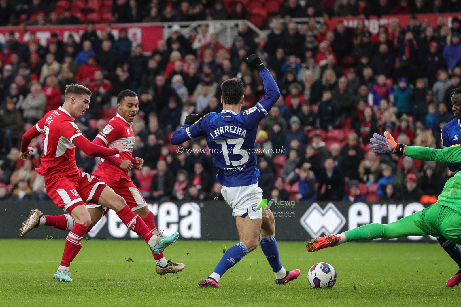 Marcus Forss #21 of Middlesbrough shoots and scores a goal to make it 2-0 during the Sky Bet Championship match Middlesbrough vs Watford at Riverside Stadium, Middlesbrough, United Kingdom, 28th January 2023

(Photo by James Heaton/News Images)