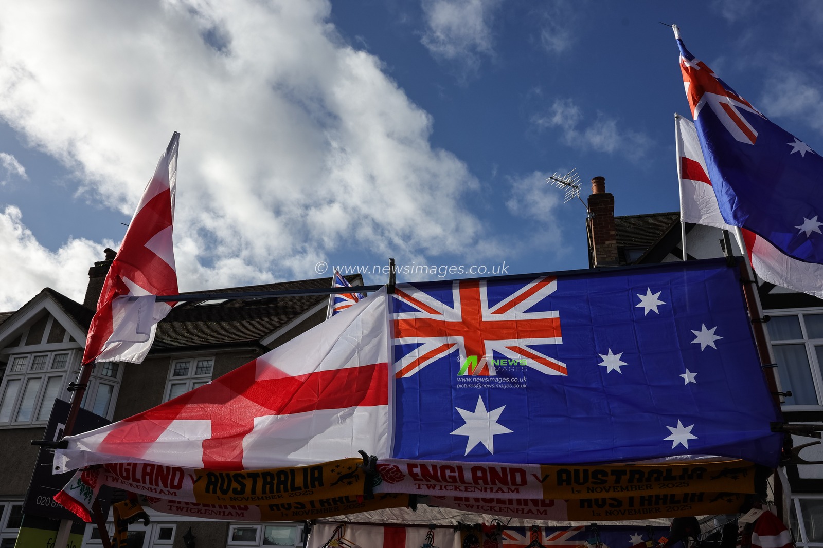 England and Australia flags on sale during the Quilter Nations Series 2025 match England vs Australia at Allianz Stadium, Twickenham, United Kingdom, 1st November 2025

(Photo by Mark Cosgrove/News Images)

*** GER AUT SUI OUT ***