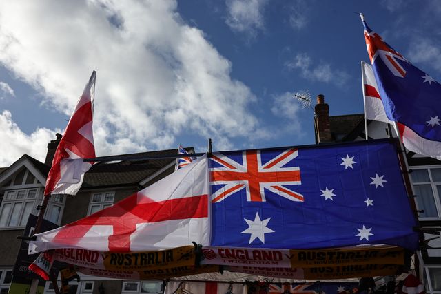 England and Australia flags on sale during the Quilter Nations Series 2025 match England vs Australia at Allianz Stadium, Twickenham, United Kingdom, 1st November 2025

(Photo by Mark Cosgrove/News Images)

*** GER AUT SUI OUT ***
