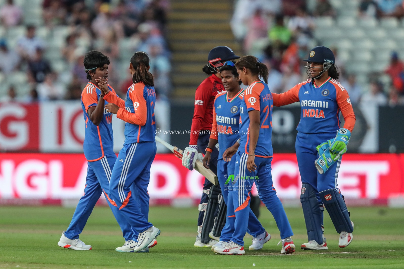 Radha Yadav of India celebrates the wicket of Sophia Dunkley of England during the 5th Vitality IT20 England Women vs India Women at Edgbaston, Birmingham, United Kingdom, 12th July 2025

(Photo by Izzy Poles/News Images)