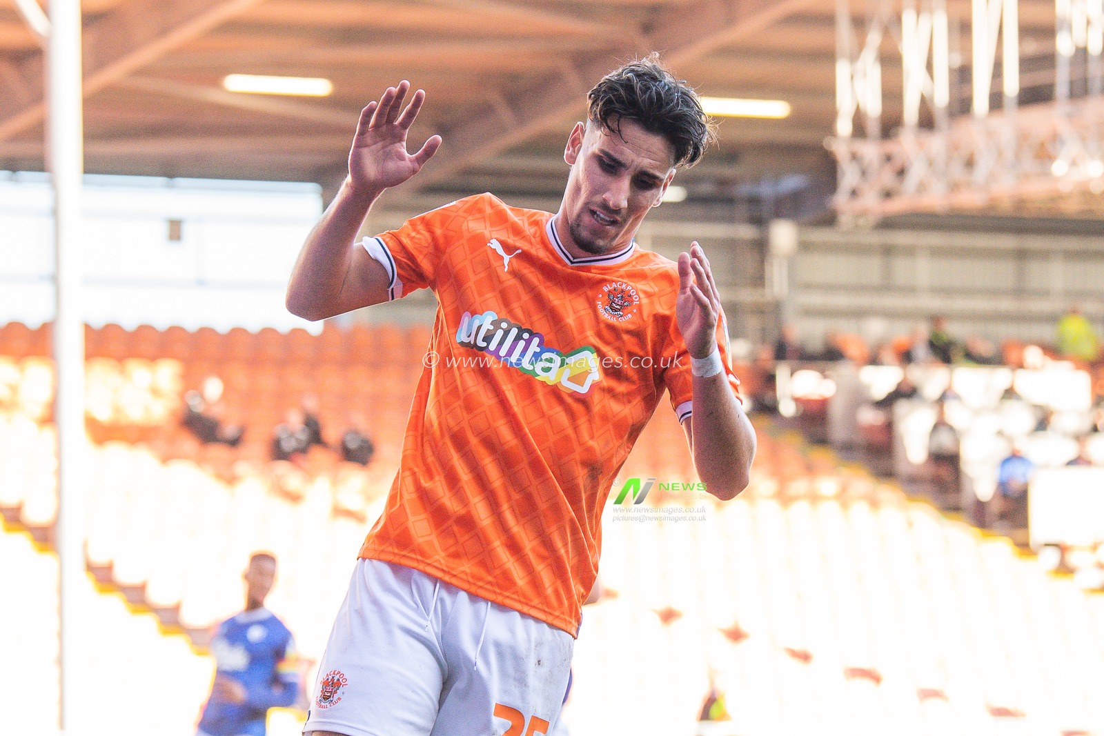 Theo Corbeanu #25 of Blackpool reacts to a missed chance on goal during the Sky Bet Championship match Blackpool vs Watford at Bloomfield Road, Blackpool, United Kingdom, 8th October 2022

(Photo by Craig Thomas/News Images)