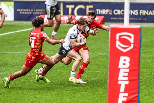Logan Moy of Hull FC goes over for a try during the Betfred Super League round 6 match Hull FC vs Catalans Dragons at MKM Stadium, Hull, United Kingdom on 29 March 2026

(Photo by Alfie Cosgrove/News Images)