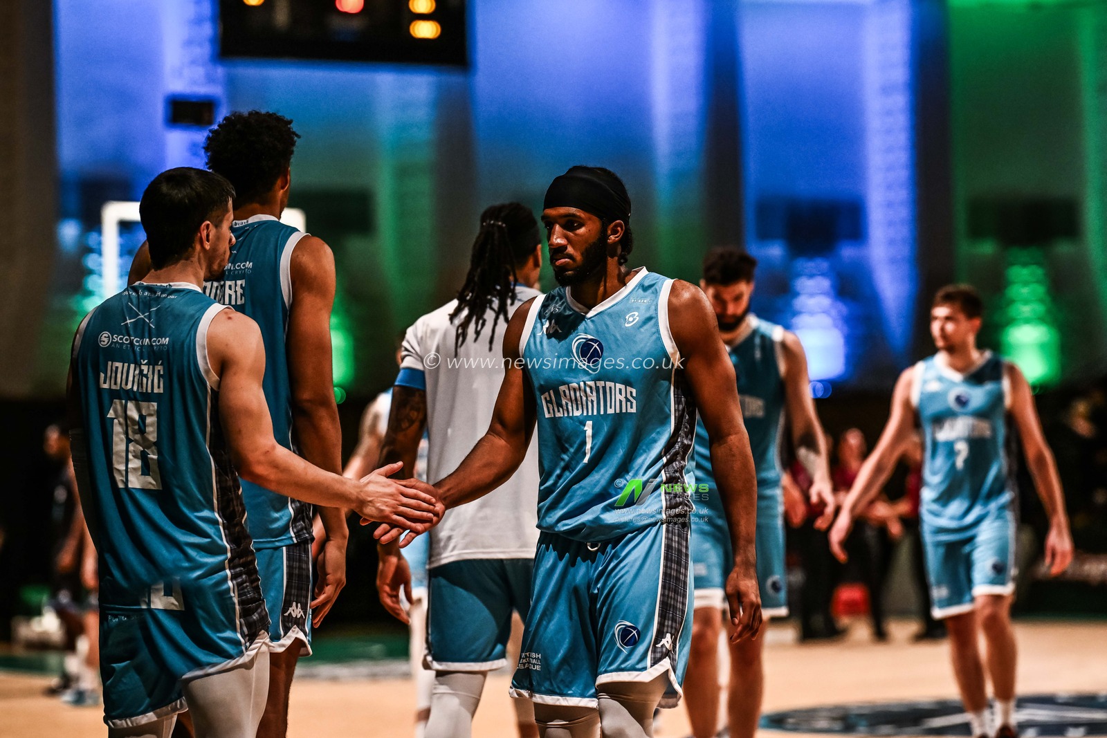 Ian Dubose #1 of Caledonia Gladiators and Mihailo JoviÄiÄ‡ #18 of Caledonia Gladiators celebrates the win at the end of the British Basketball Championship match Plymouth City Patriots vs Caledonia Gladiators at Plymouth Pavilions, Plymouth, United Kingdom, 3rd November 2023

(Photo by Craig Thomas/News Images)