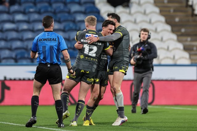 Brodie Croft of Leeds Rhinos celebrates his try during the Betfred Super League round 8 match Huddersfield Giants vs Leeds Rhinos at Accu Stadium, Huddersfield, United Kingdom on 17 April 2026

(Photo by Mark Cosgrove/News Images)