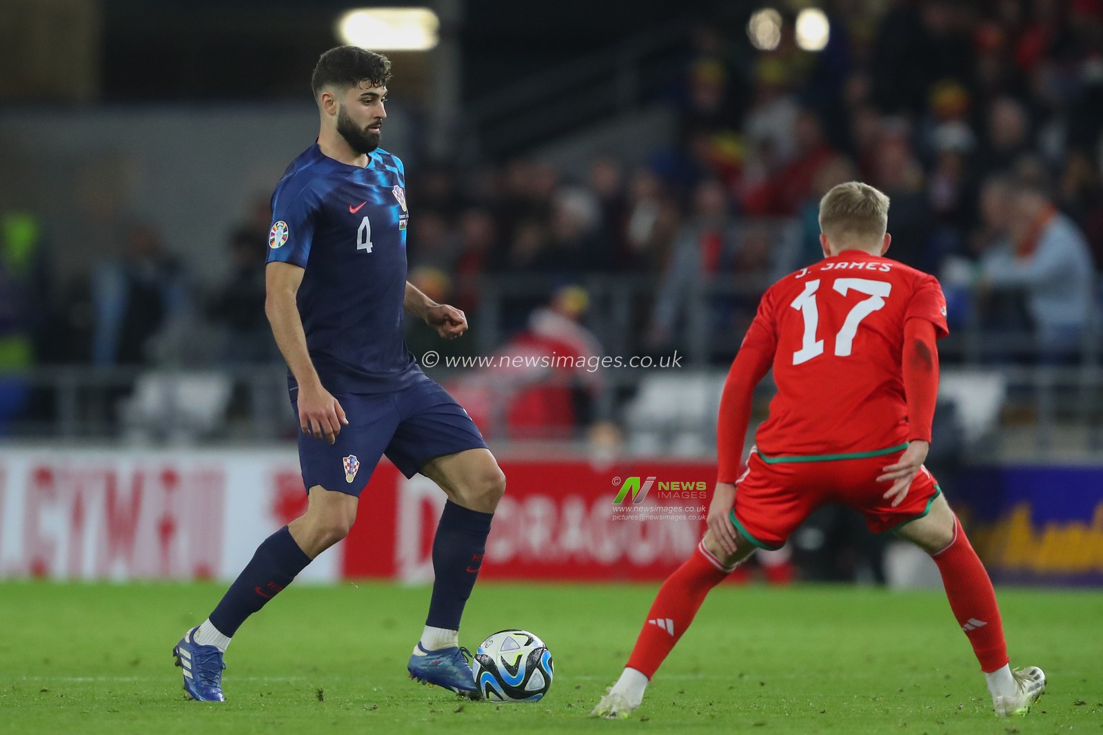 JoÅ¡ko Gvardiol #4 of Croatia in action during the UEFA Euro 2024 Qualifiers match Wales vs Croatia at Cardiff City Stadium, Cardiff, United Kingdom, 15th October 2023

(Photo by Gareth Evans/News Images)