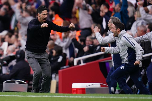 Mikel Arteta manager of Arsenal celebrates third goal during the Premier League match Arsenal vs Fulham at Emirates, London, United Kingdom on 02 May 2026

(Photo by Harvey Murphy/News Images)