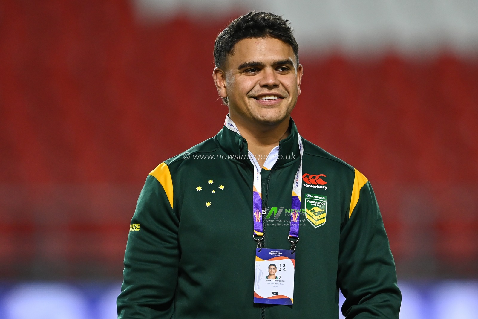Latrell Mitchell of Australia during the pre game pitch inspection ahead of the Rugby League World Cup 2021 match Australia vs Italy at Totally Wicked Stadium, St Helens, United Kingdom, 29th October 2022

(Photo by Craig Thomas/News Images)