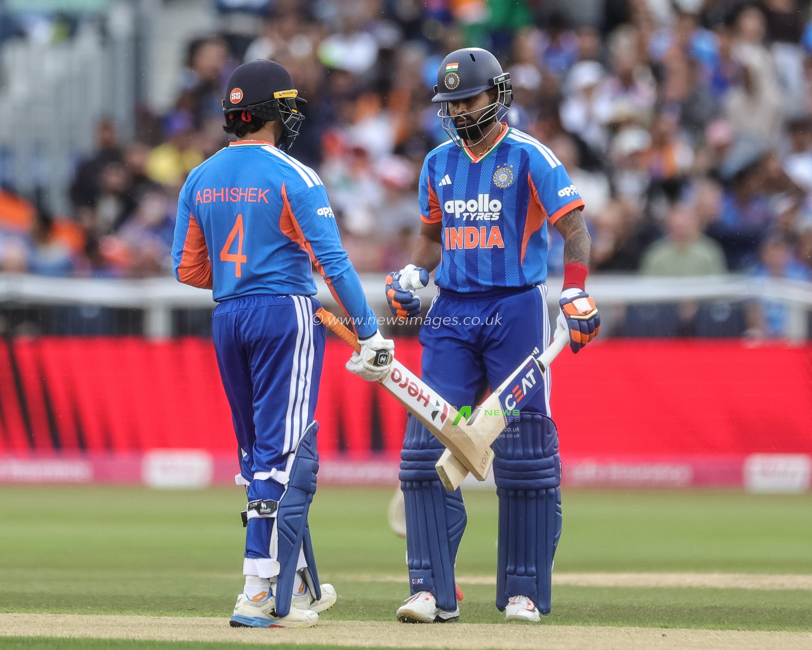Abhishek Sharma of India and India captain Shreyas Iyer crossed bats during the First Vitality T20 International match England vs India at Banks Homes Riverside Stadium, Chester-le-street, United Kingdom on 01 July 2026

(Photo by Mark Cosgrove/News Images)