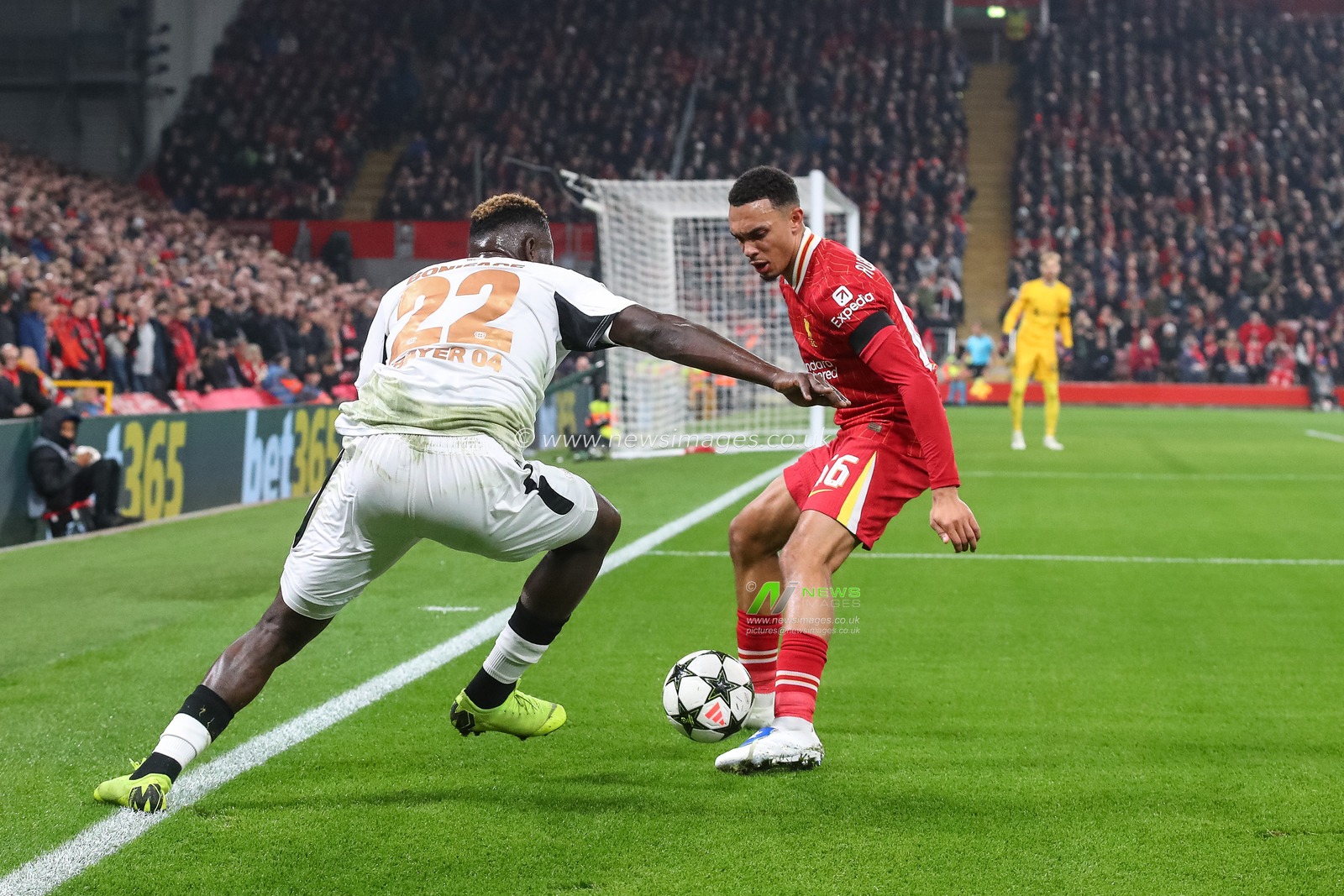 Victor Boniface of Bayer Leverkusen is tackled by Trent Alexander-Arnold of Liverpool during the UEFA Champions League, League Stage match Liverpool vs Bayer 04 Leverkusen at Anfield, Liverpool, United Kingdom, 5th November 2024

(Photo by Gareth Evans/News Images)