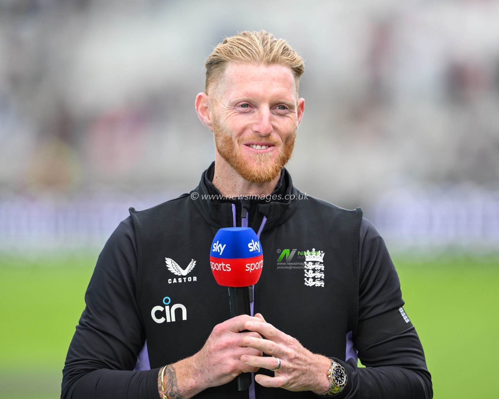 Ben Stokes the injured England Captain during a pre match interview ahead of the England Men v Sri Lanka 1st Rothesay Test Match at Old Trafford, Manchester, United Kingdom, 20th August 2024

(Photo by Craig Thomas/News Images)