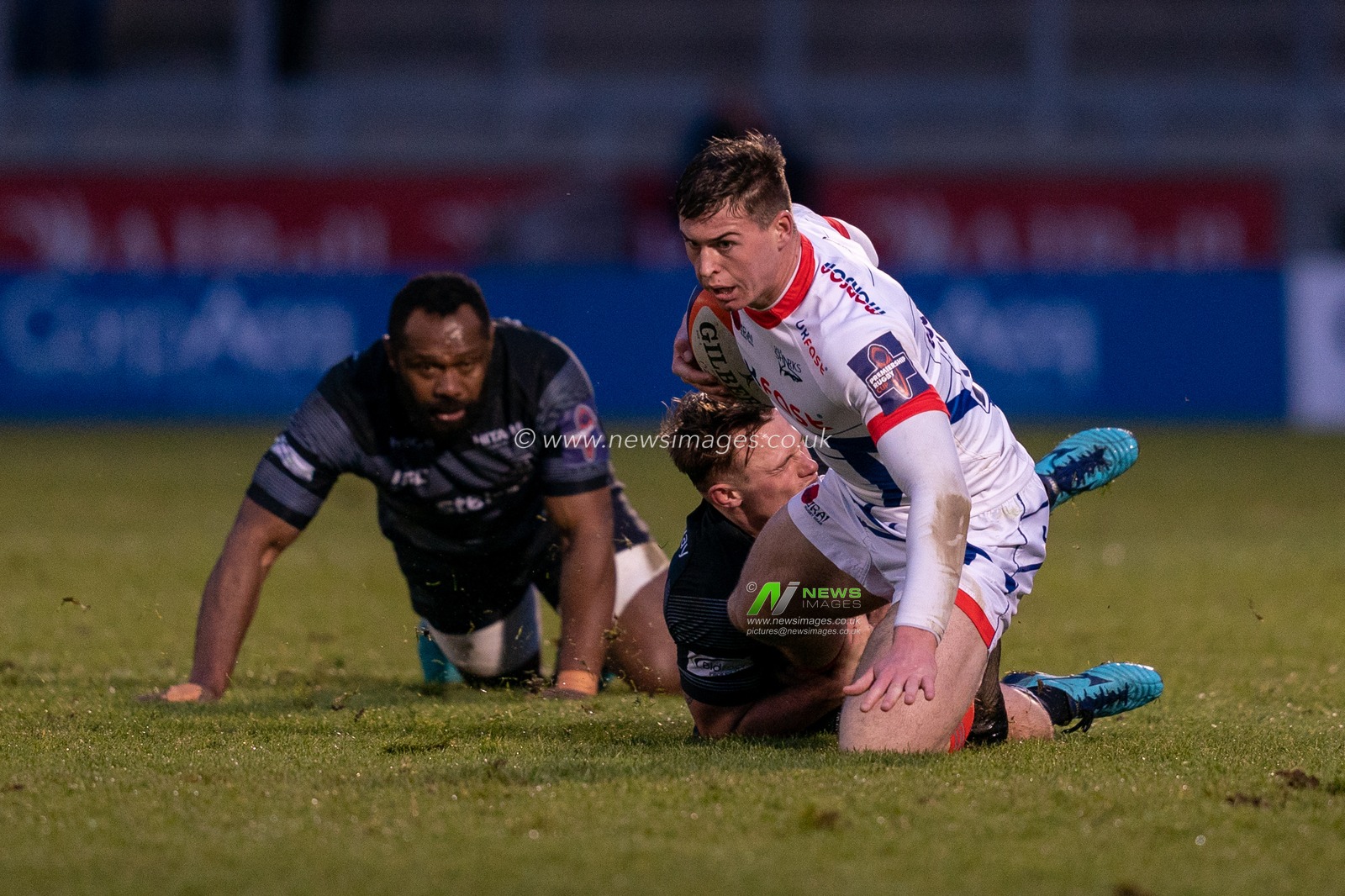 Sale Shark's Tom Roebuck is tackled by Newcastle Falcons's Andrew Davidson

3rd February 2019, A J Bell Stadium, Sale, England;  Premiership Rugby Cup, Sale Sharks vs Newcastle Falcons 

Credit: Terry Donnelly/News Images