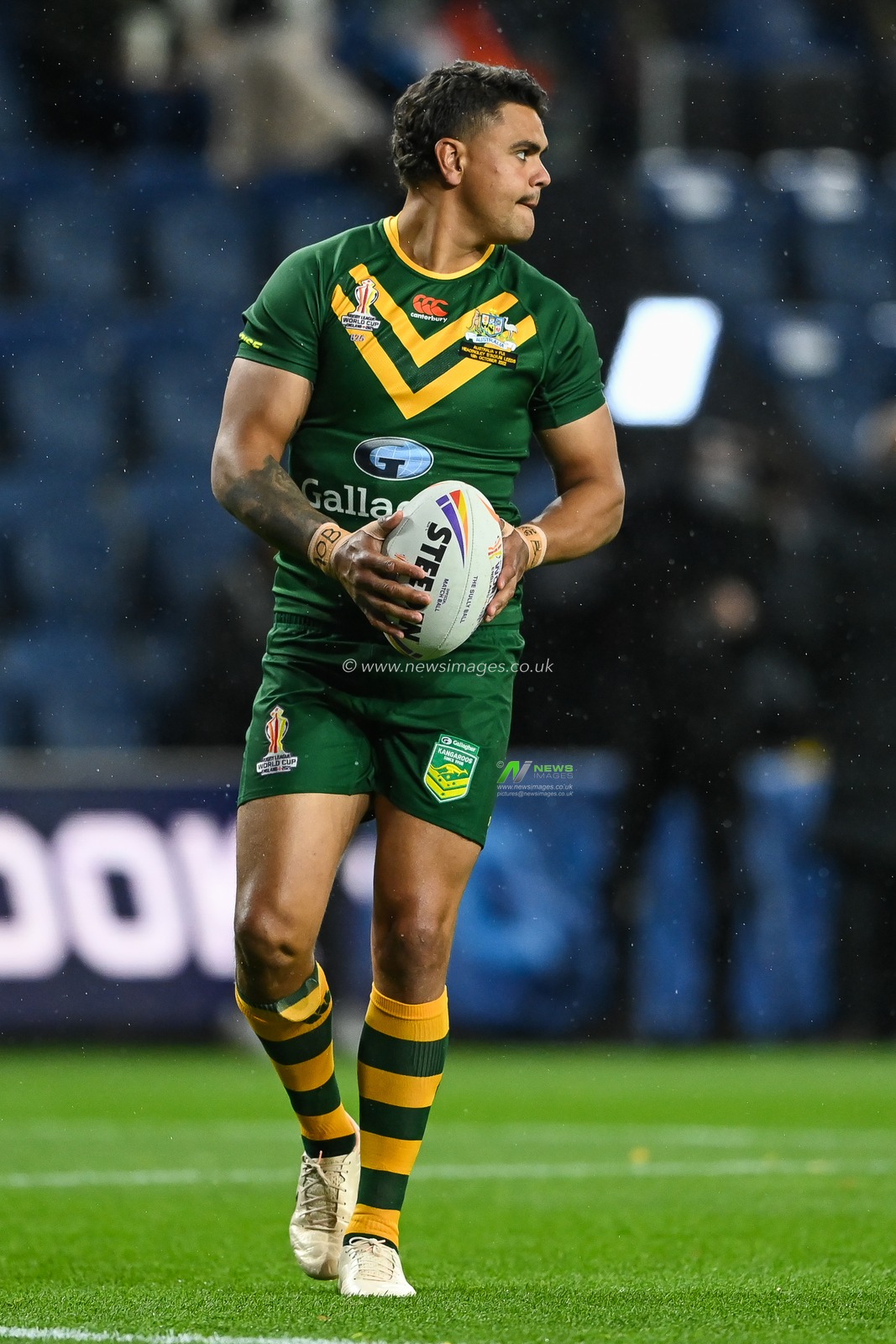 Latrell Mitchell of Australia during pre match warm up ahead of the Rugby League World Cup 2021 match Australia vs Fiji at Headingley Stadium, Leeds, United Kingdom, 15th October 2022

(Photo by Craig Thomas/News Images)