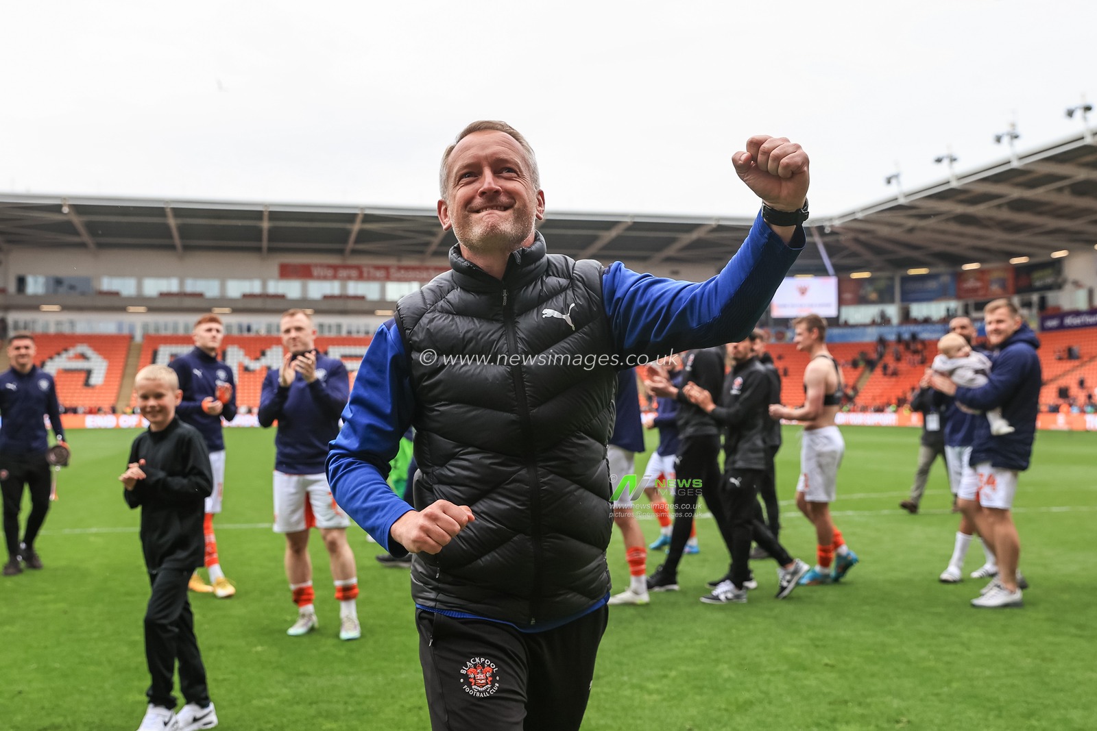 Neil Critchley head coach of Blackpool with the fans after the last home game of the season