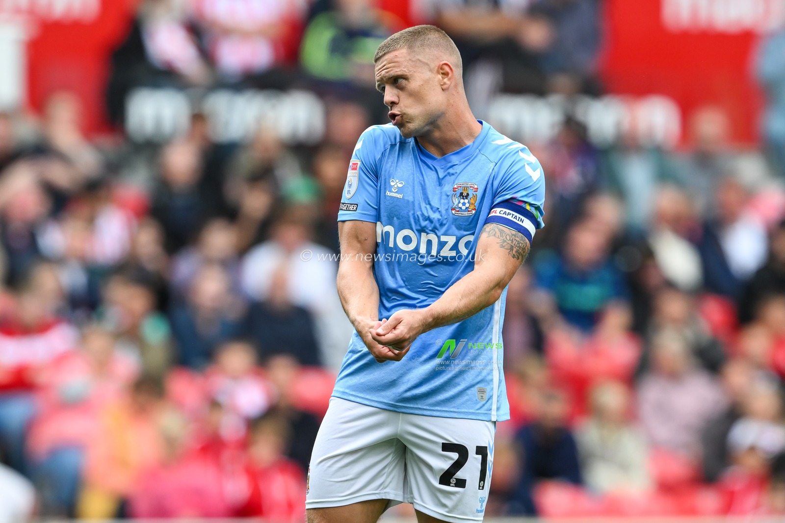 Jake Bidwell of Coventry City reacts during the Sky Bet Championship match Stoke City vs Coventry City at Bet365 Stadium, Stoke-on-Trent, United Kingdom, 10th August 2024

(Photo by Craig Thomas/News Images)