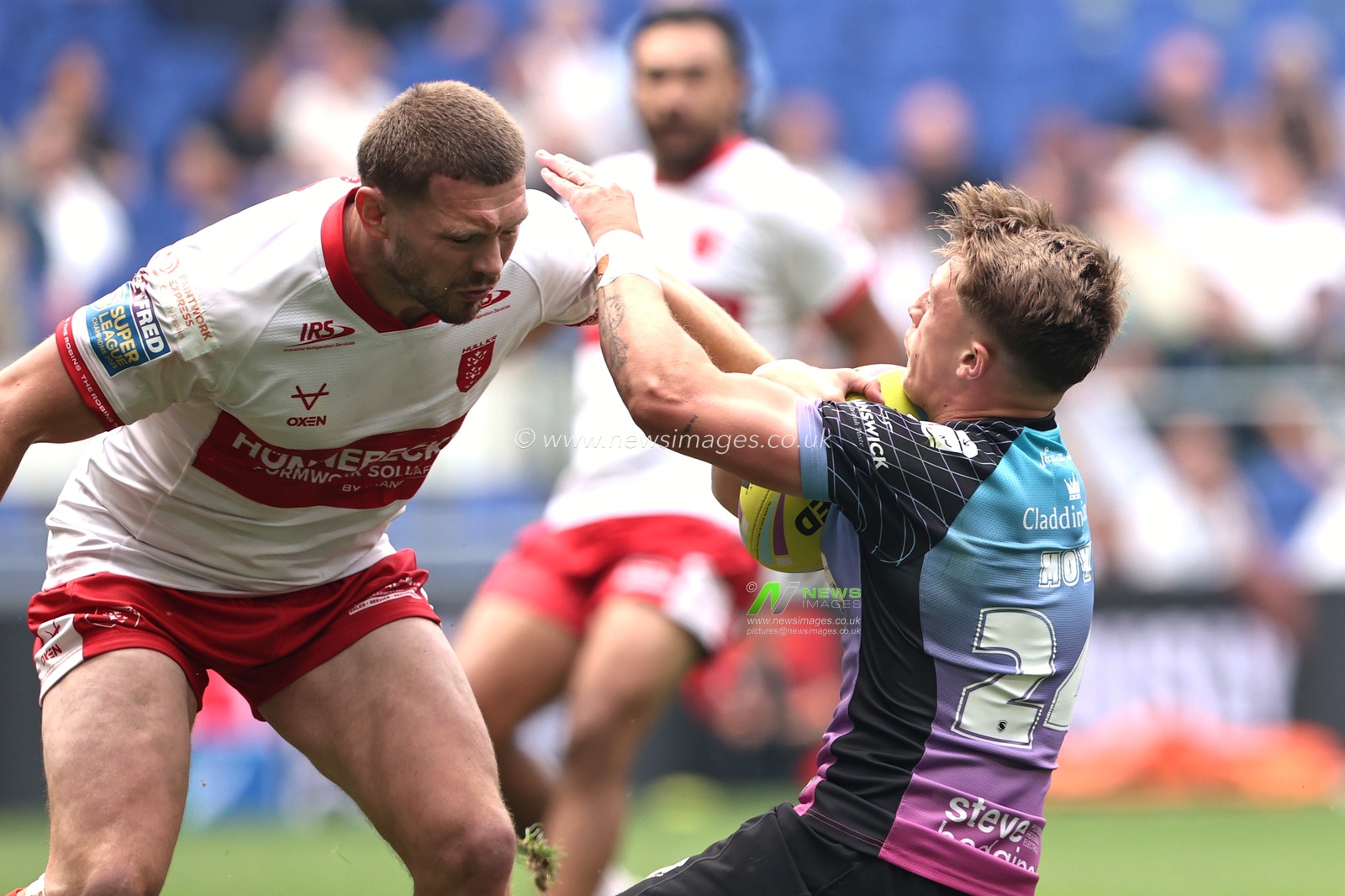 Logan Moy of Hull FC is tackled by James Batchelor of Hull KR during the Betfred Super League Magic Weekend match Hull KR vs Hull FC at Hill Dickinson Stadium, Liverpool, United Kingdom on 04 July 2026

(Photo by Alfie Cosgrove/News Images)