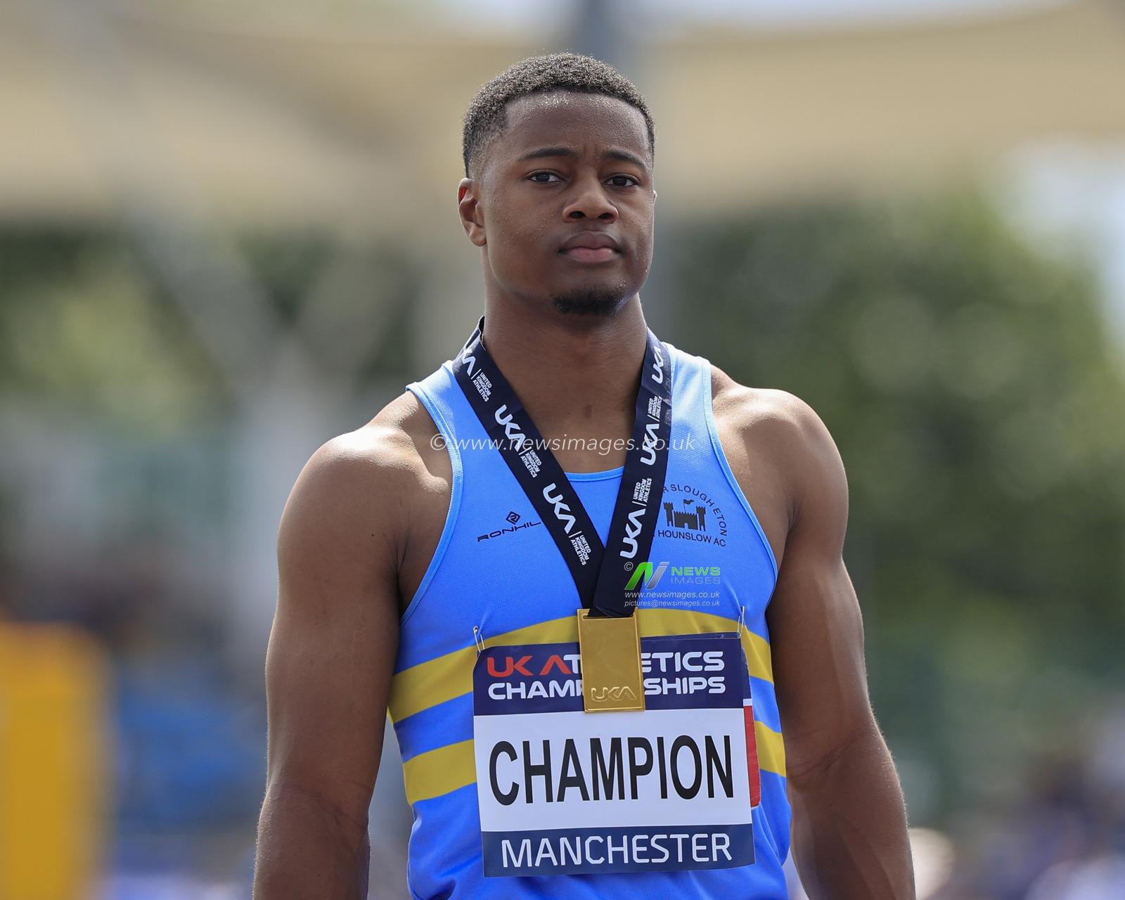 Tade Ojora with his gold medal after winning the 110m hurdles final during the UK Athletics Championships at Manchester Regional Arena, Manchester, United Kingdom, 9th July 2023

(Photo by Conor Molloy/News Images)