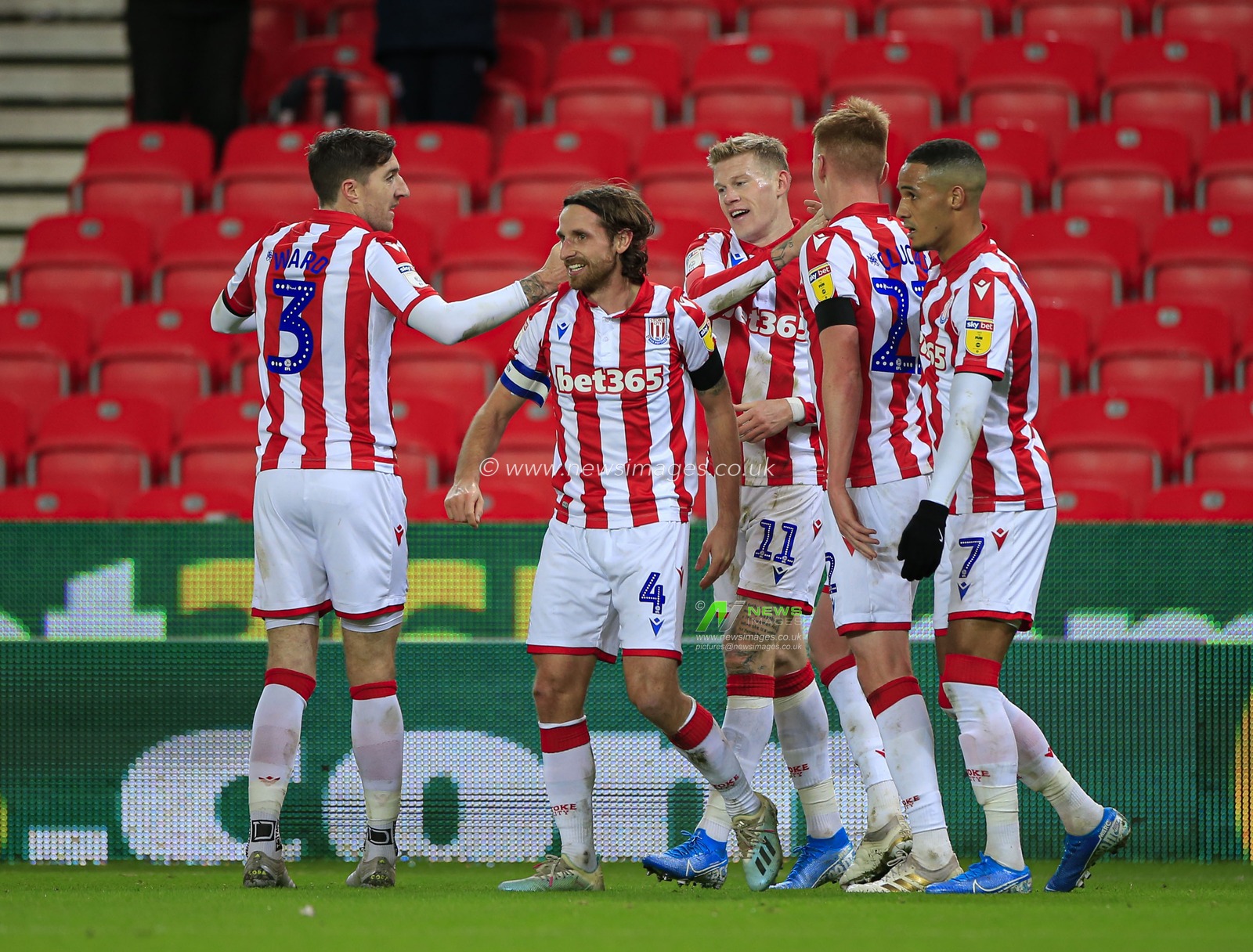 10th December 2019, Bet365 Stadium, Stoke-on-Trent, England; Sky Bet Championship, Stoke City v Luton Town : Stoke players celebrate a goal by Joe Allen (4) in the 45th minute making it 2-0 to Stoke

Credit: Conor Molloy/News Images